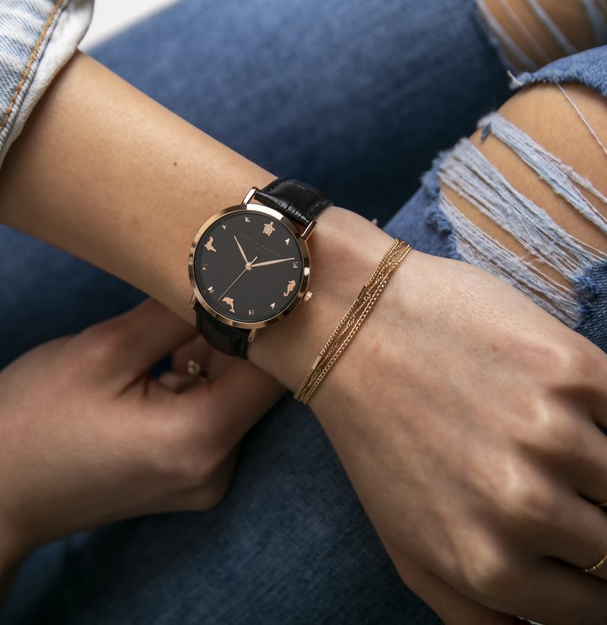 Gold Charm Black Leather